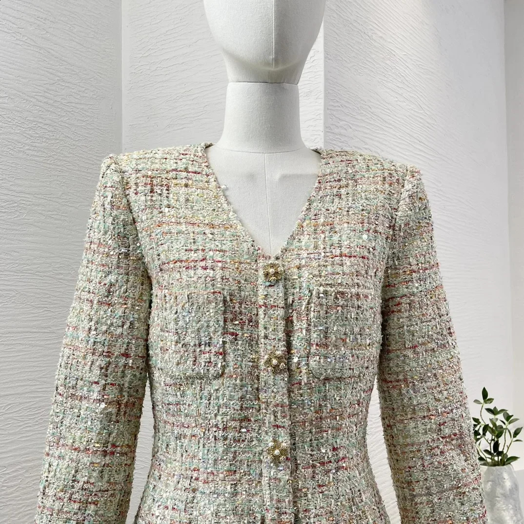 Elegant Advanced Tweed V-neck Long Sleeve Mini Mermaid Dress for Women 240824