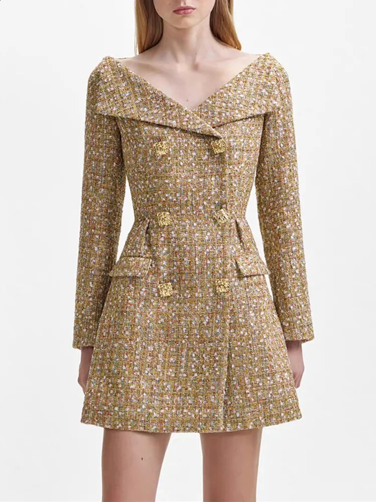 Autumn Female Tweed Gold Buttons Elegant Long Sleeve Robes Womens Sexy Off-Shoulder Long Sleeve Mini Dress 240824