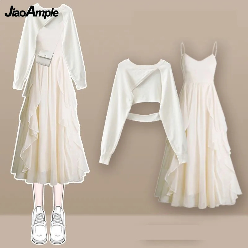 Womens fashion cut-out sweatersuspender Skirt two-piece set Korean Elegant in Matching Set Spring Summer Dress Suit 240823