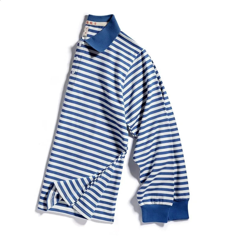 Japanese retro blue striped polo street clothing mens long sleeved Tshirt 80s niche nostalgic paperback 240823