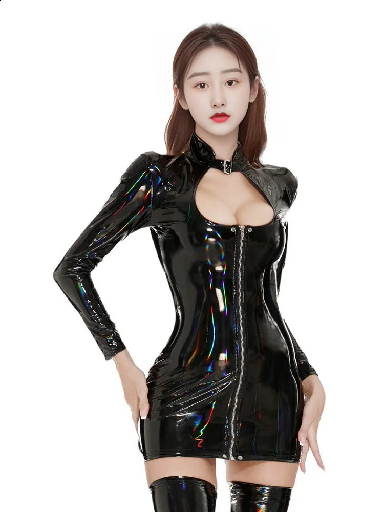 Sexy Chest Hollow Out Dresses for Women Long Sleeved Shiny PVC Latex Faux Leather Micro Mini Dress Nightclub Party Clothing 240823