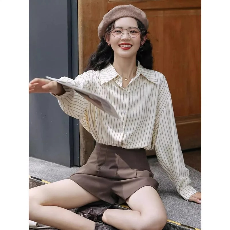 White Elegant Social Womens Shirt Spring and Summer Striped Long Sleeved Shirt Womens Commuting Professional Shirt 240823