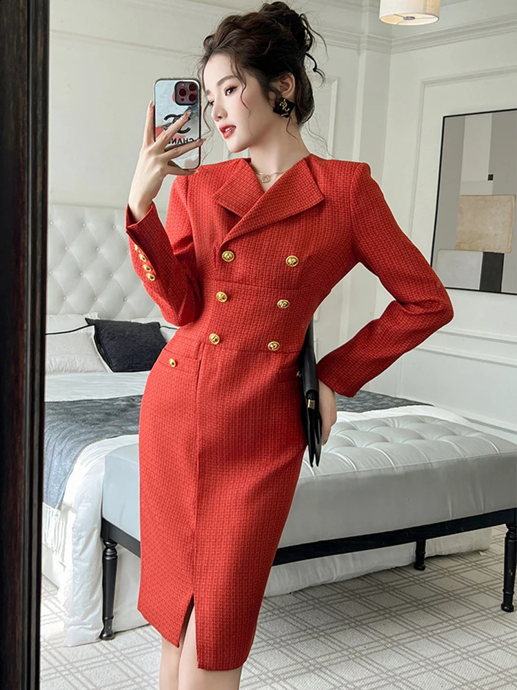 Quality Elegant Midi Dress for Women Business Red Tweed V-neck Double Breasted Long Sleeve Robe Office Lady Professional Vestido 240824