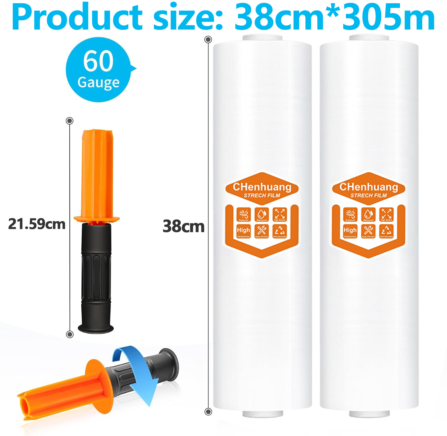 Two packs of 38 cm wide 305 m long elastic transparent adsorption durable paste packaging mobile packaging 60 Gauge