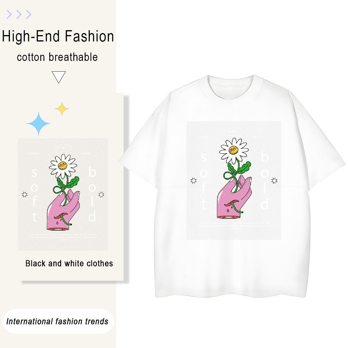 Designer Couples T Shirts 230g Pure Cotton flower Street Wear T Shirts Women Round Neck Short Sleeve Cartoon Print Clothes
