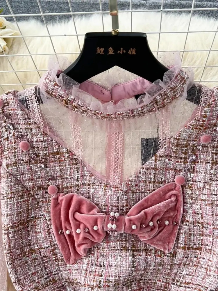 Sweet s Small Fragrance Mesh Stitching Taasels Tweed Dress Womens Stand Long Petal Sleeve Bow Beading Chic Short Vestidos 240824