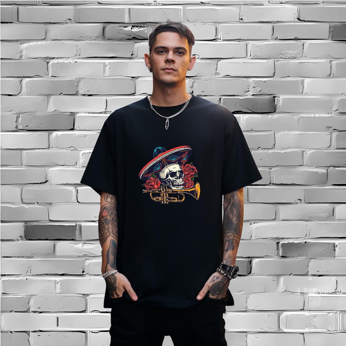 Loose T Shirt For Man 230g 100% Cotton skull Street wear Hip Hop Black Oversized Breathable Crew Neck Tshirts DIY Customized Polos