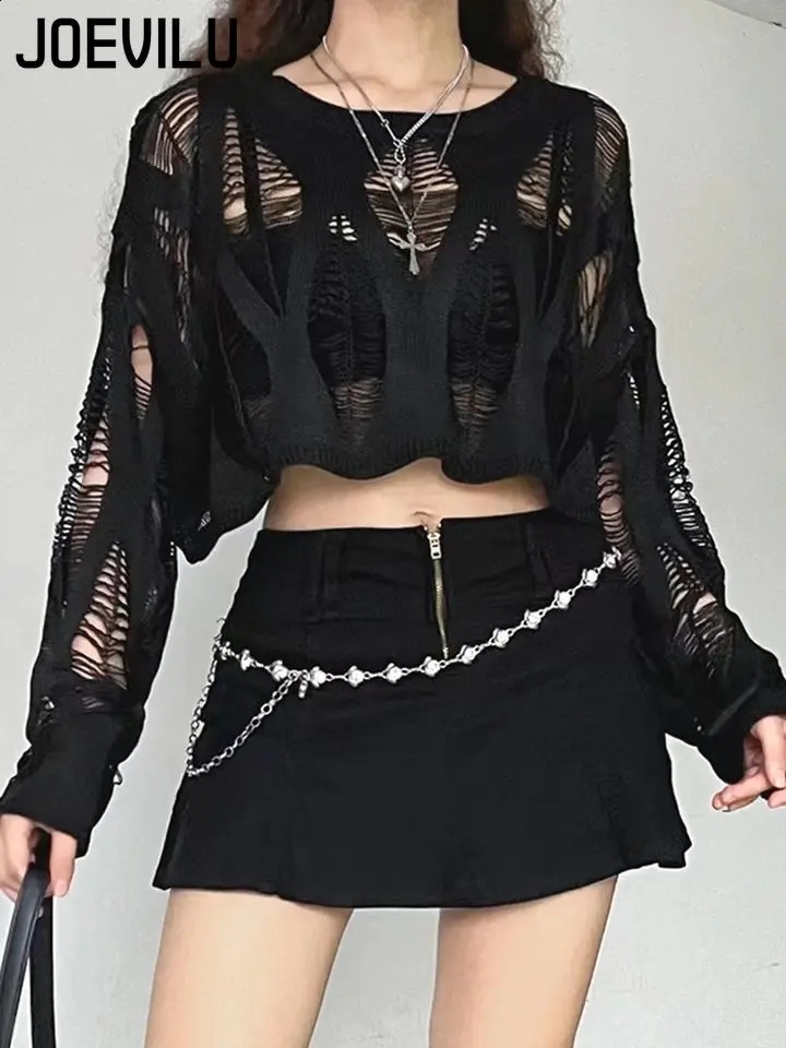 Perforated Hollow Out Knitted Blouse Sunscreen Long Sleeve Top Gothic Dark Black Sexy Thin Sweater Womens Summer Chic Crop Tops 240823