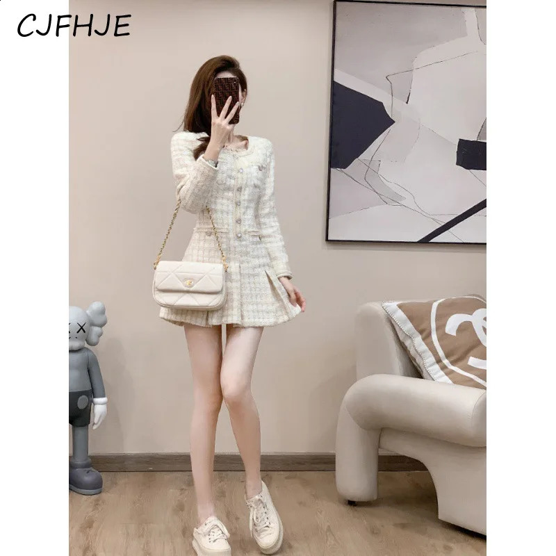 CJFHJE Women Korean Fragrant Style Slim Fit Fashion Casual Long Sleeve Thick Tweed Dress Retro Elegant Womens Dresses 240824