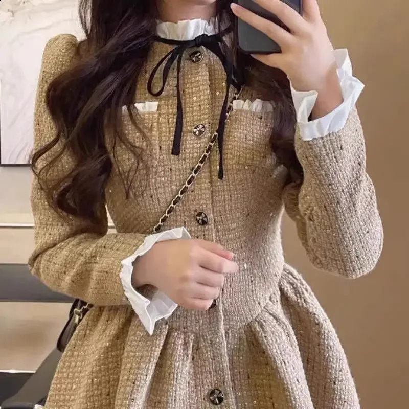 Petite Mini Dress 145cm For Women Autumn High Waist Fitted French Style Tweed Mini Dress Xs 240824
