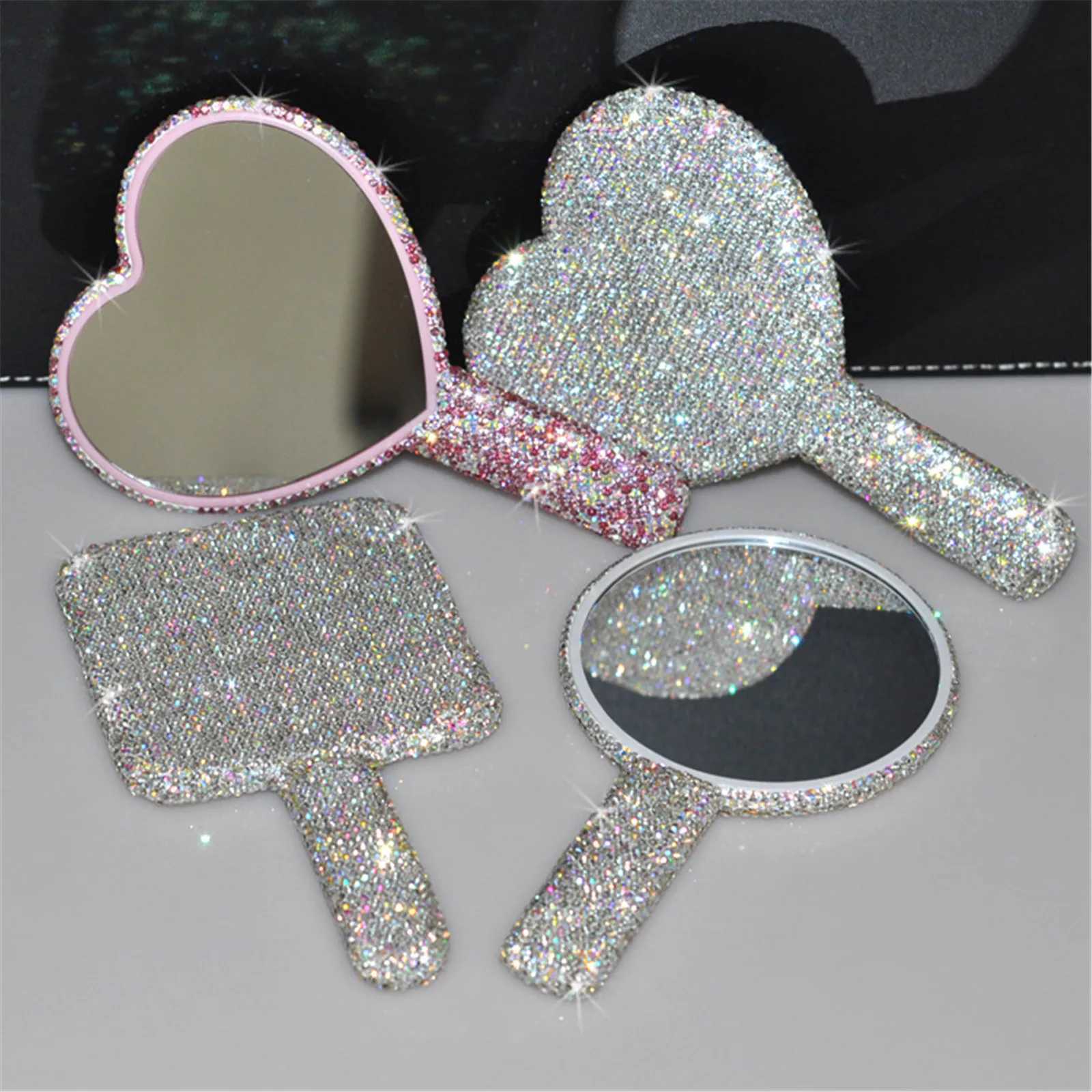 Womens Makeup Compact Mirror Sticking Diamond Hand-held Mirror ABS Fashionable High-end Beauty Handle Mirror Cosmetic MirrorXJ241213