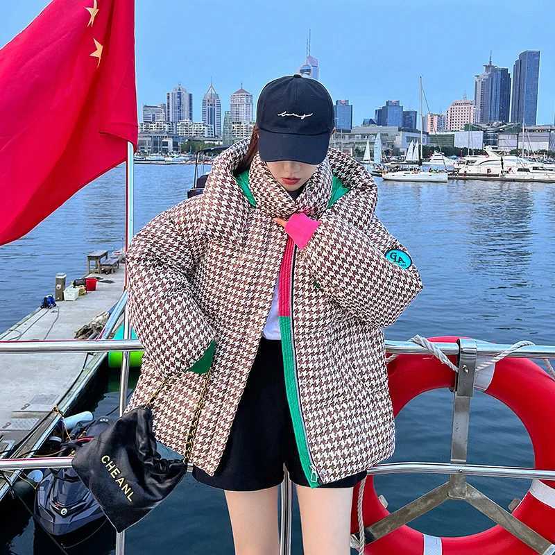 Womens Down Parkas Womens winter checkered jacket thick cotton pad Parka fashionable hooded oversized loose Fr washed Parkas womens inflatable jacke Y