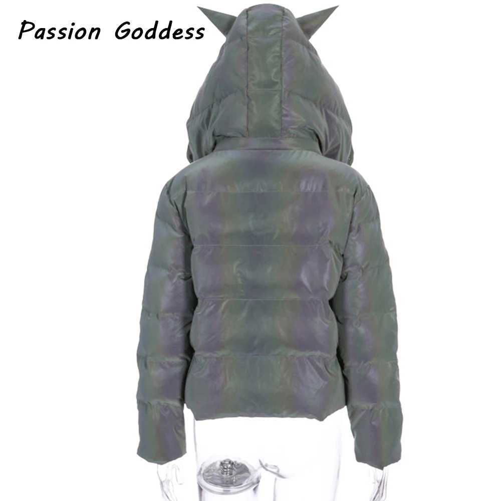 Women's Down Parkas Winter Women Rainbow Reflective Horn Hooded Parkas Down Bubble Coat Puffer Jacket Bling Luminous Cute Hooded Down Jacket Outc