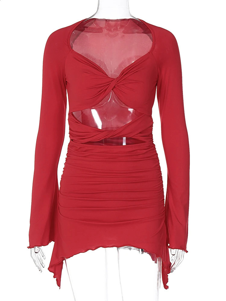Hugcitar Winter Elegant Solid Long Sleeve Hollow Out Ruched Irregular Sexy Slim Mini Dress Women Y2K Clothes Birthday Christmas 240823