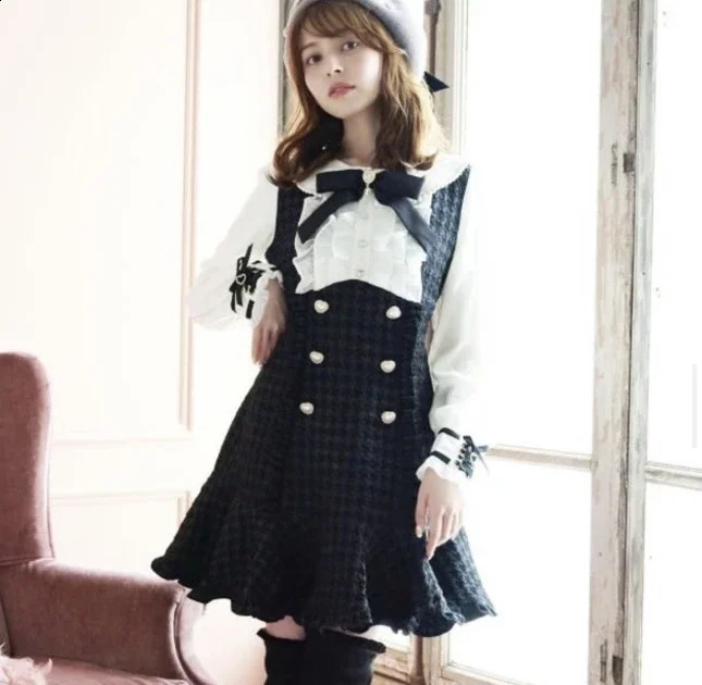 Liz Japanese Mine Mass-Produced Sweet Double-breasted Dress Classic Style Bow Grid Slim Long Sleeve Tweed Dress for Women 240824