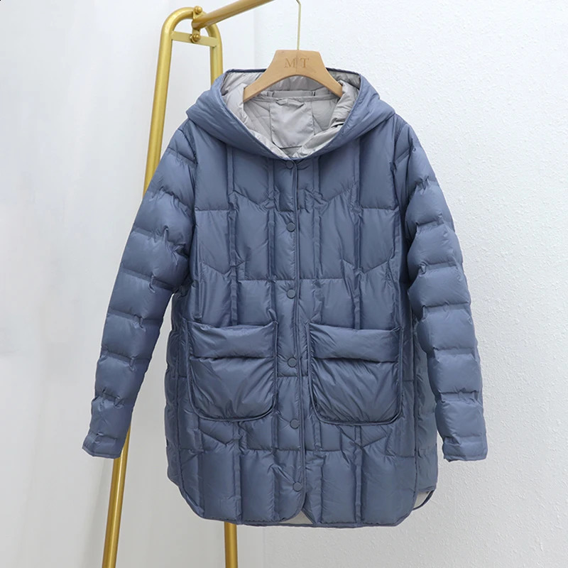 Autumn and winter womens mid length hooded inflatable coat ultra light white duck down jacket single chest park 240823