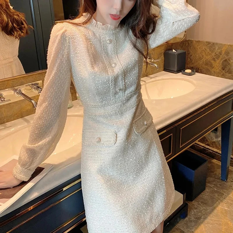 Sweet Spring Korean Elegant Long Party Fairy Women Tweed Boho Beach Vacation Dress Robe Femme 240824