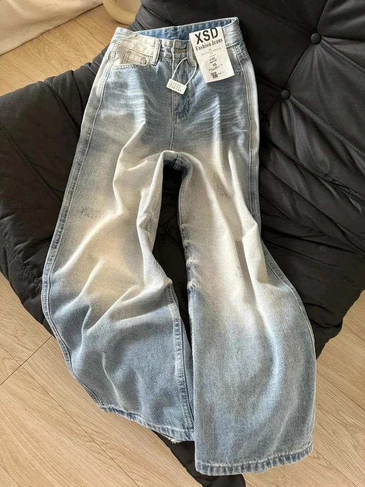 HOUZHOU Casual Loose Vintage Jeans Women Streetwear Y2k Wide Leg Pants Denim Blue High Waist Office Lady Baggy Trousers 240823