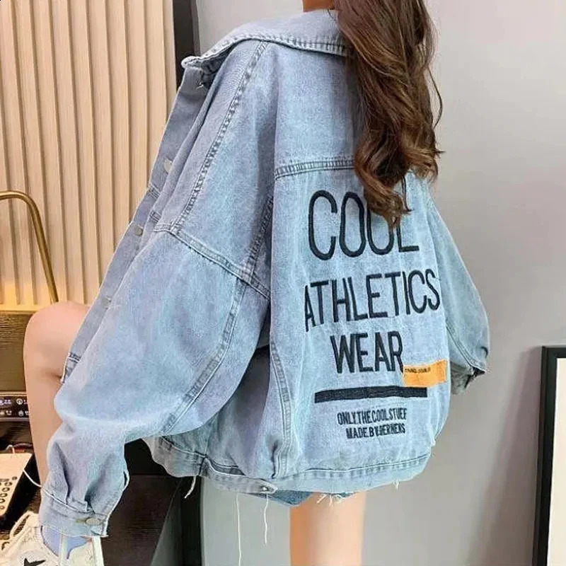 MEXZT Denim Jackets Women Streetwear Oversized Jeans Coat Bf Korean Vintage Letter Embroidery Loose Casual All Match Outwear 240824