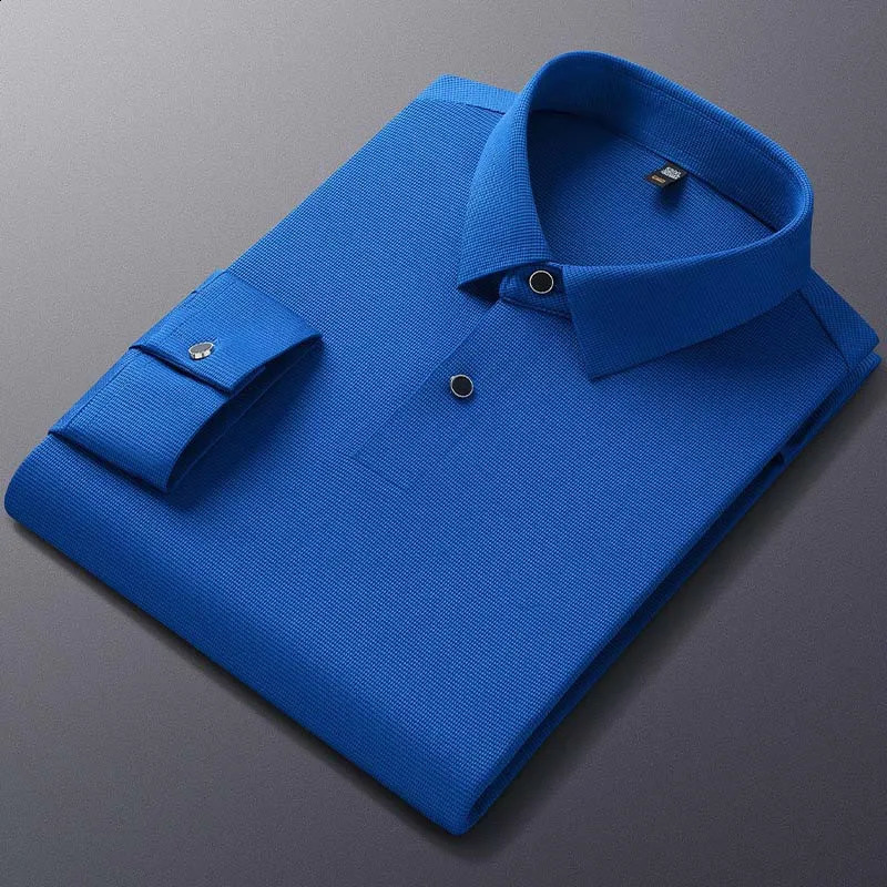 Mens polo shirt long sleeved highquality lapel seamless high elasticity top casual slim fit mens clothing 240823