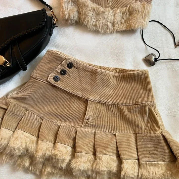 Y2K Two Piece Sets Women Sexy Cute Strapless Bodycon Tops High Waist Pleated Mini Skirt Harajuku Goth Brown Raw Edge Skirt Suit 240823