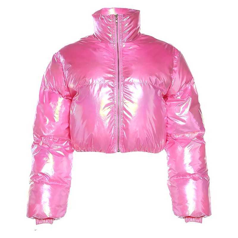 Women's Down Parkas Winter Cute Lady Shiny PU Leather Puffer Jacket High Waist Slim Bubble Coats Zipper Stand Collar Fluffy Short Jacket Parkas D