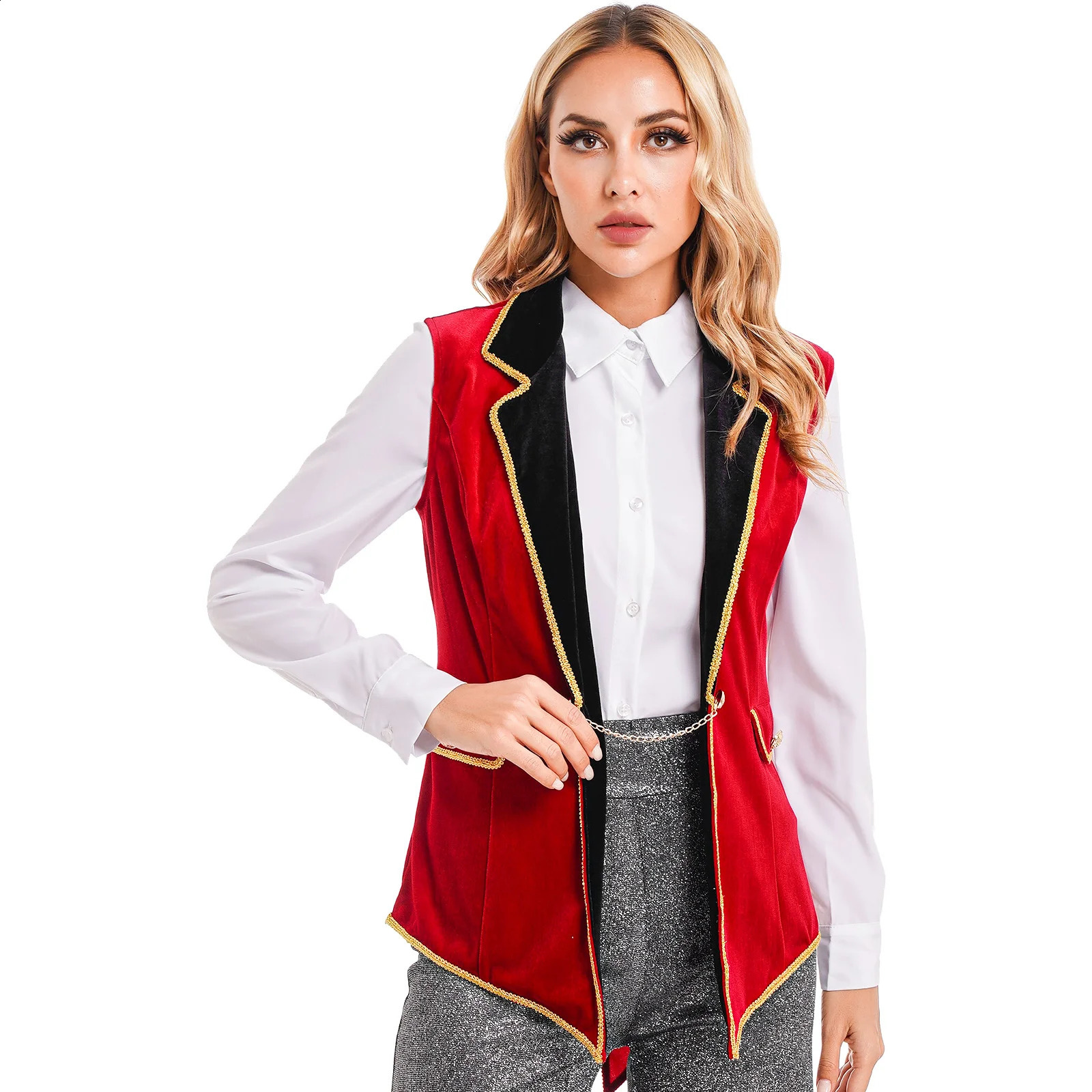 Womens Halloween Circus Ringmaster Tail Coat Carnival Theme Party Performer Role Playing Costume Sleeveless Collar Velvet Jacket 240823