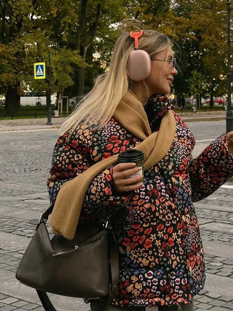 Women's Down Parkas Floral print thick womens cotton coat long Sleve zipper pocket flip cover womens jacket 2023 winter casual warm womens jacket