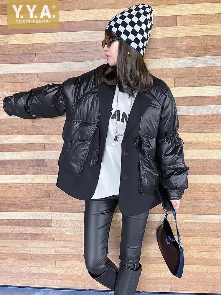 Womens ultrafine loose jacket black patchwork pocket casual thick warm Parka womens twopiece 240823