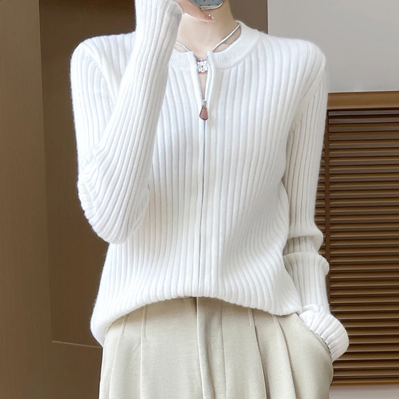 Womens Cardigan Autumn/Winter 100% Pure Wool Sweater Thickened Casual Zipper Knitted Clothes Round Neck Fit Tops Basic Blouse 240824