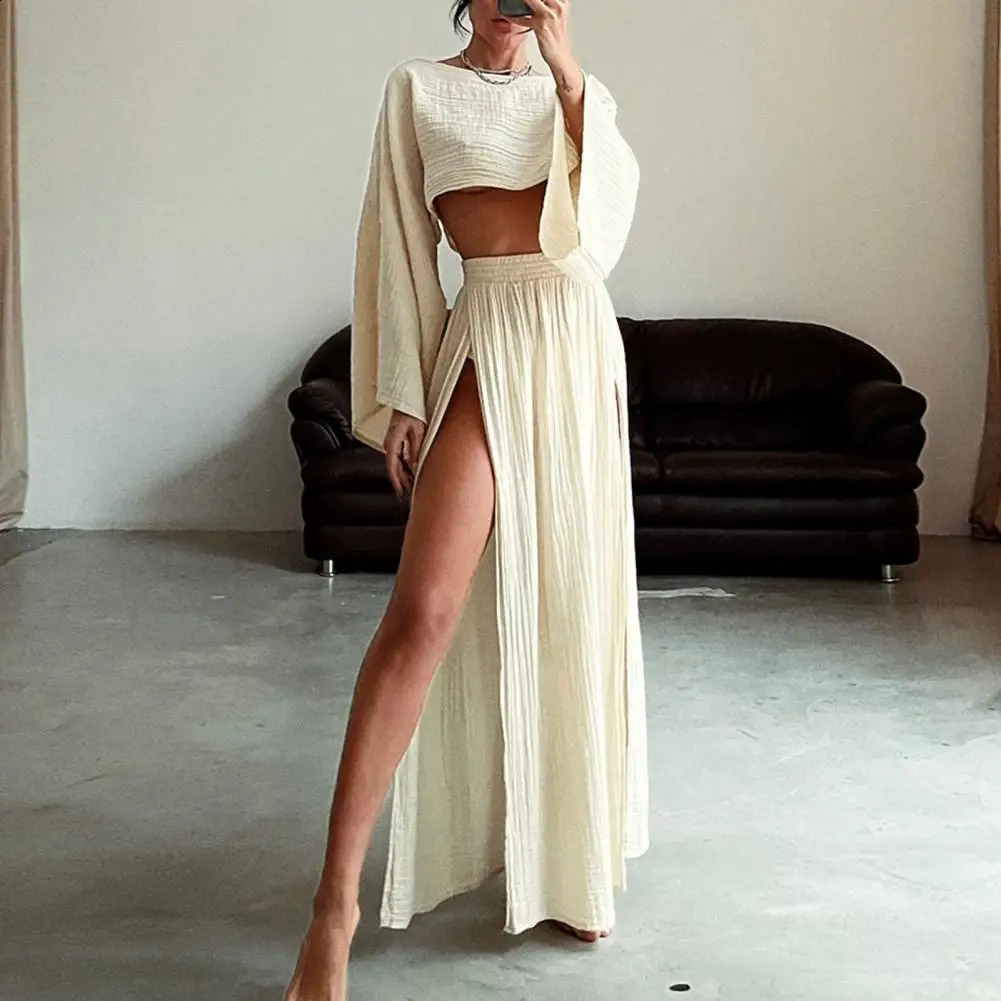 2 Pcs/Set Women Crop Top Skirt Set Long Sleeve Slant Neck Short Top High Waist Split Skirt Solid Color Club Party Top Skirts Set 240823