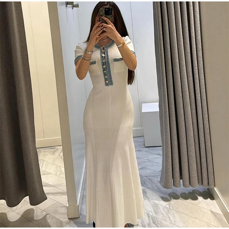Elegant Denim Patchwork Knitted Long Dress Women Fashion V Neck Short Sleeved Buttons Bodycon Dresses Female White Pockets Robes 240824