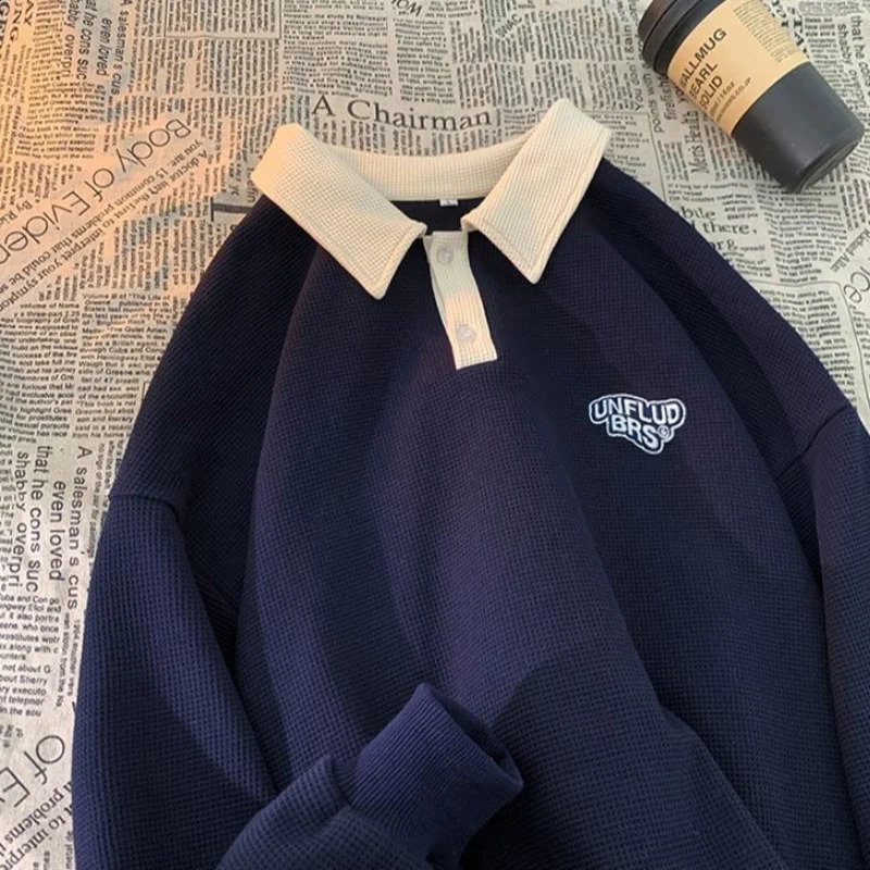 Mens Retro Waffle Couple Shirt Lapel Letter Print Long Sleeves Turndown Collar Buttons Sweatshirt Spring Autumn Loose Top 240824