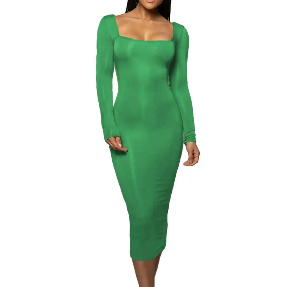 Autumn And Winter Womens Slim Tight Bottom Dress Solid Colour Grab Square Neck Long Sleeve Dresses Stretch Hip Thin Long Dress 240823