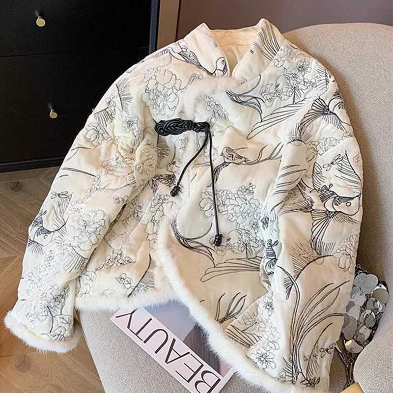 Women's Down Parkas Vintage Y2K Flowers Birds Embroidery Bomber Jacket Women Elegant Swt Girls Outerwear Padded Cotton Parkas Coat Winter Harajuk