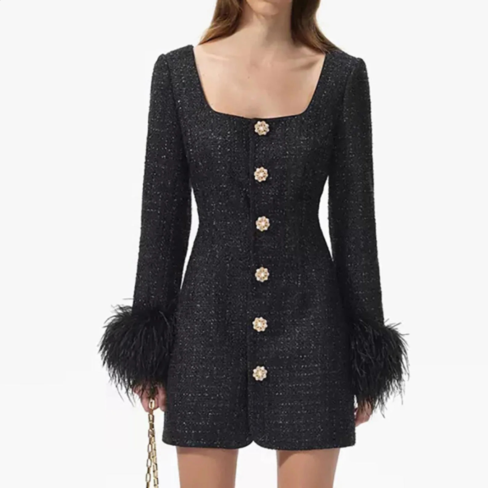 est Lady Elegant Tweed Wear Sexy Square Neckline Single-breasted Feathers Long Sleeve Wome Short Mini Black Dress 240824