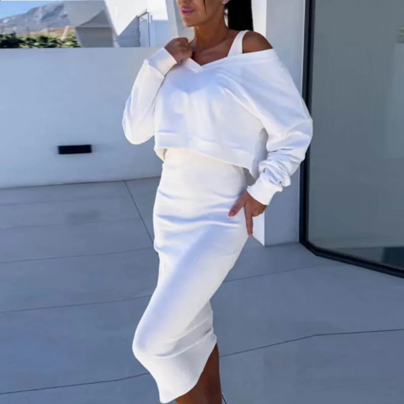 Women Autumn Two Piece Sets Dress Elegant Sexy V Neck Long Sleeve Sweatshirts And Long Dress Female solid color outfit set 240823