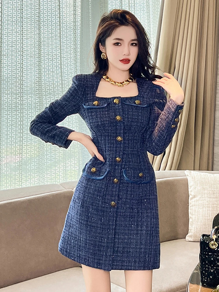 Quality Retro Short Dress for Women Elegant Blue Tweed Bright Silk Single Breasted Long Sleeve Mini Gown Office Street Vestidos 240824