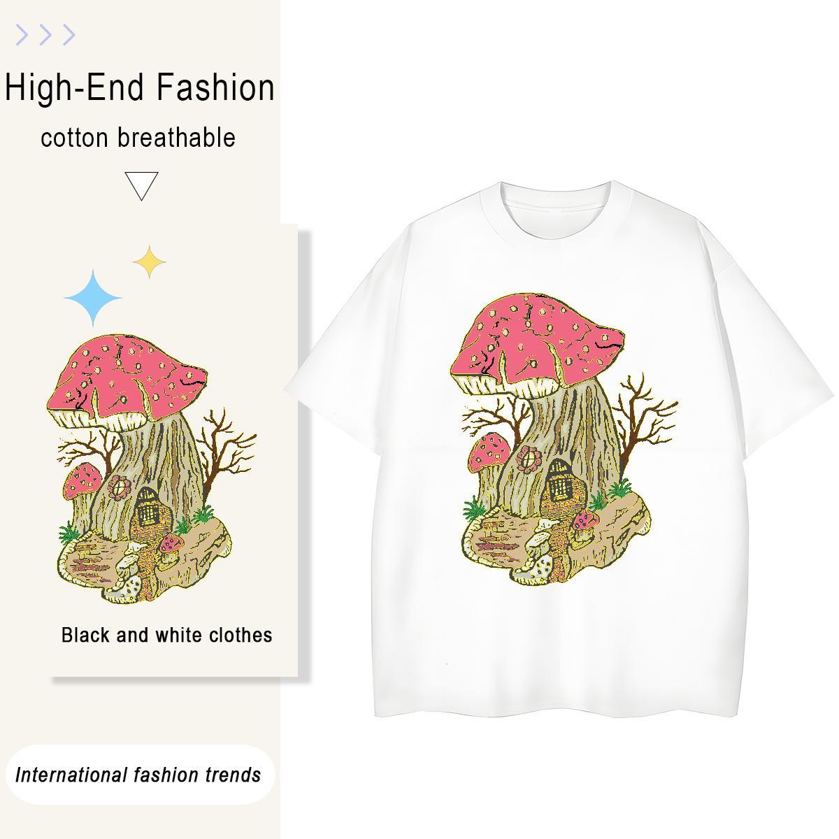 2024 Summer Men Tops Tees mushroom Daily Outfit 230g Pure Cotton Tees Shirts Breathable Short Sleeve Soft T-Shirts Black Oversized