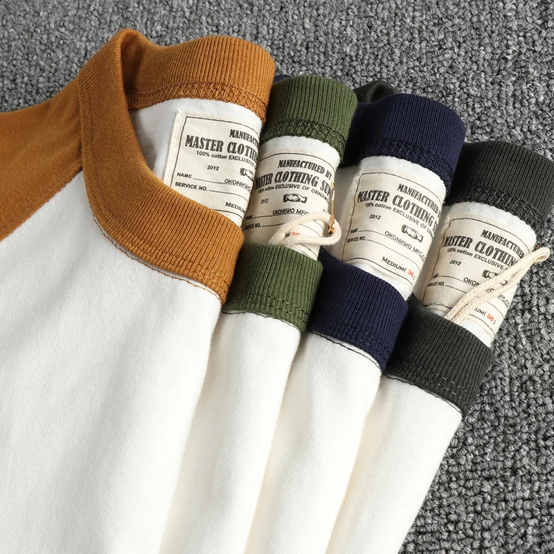 Autumn American Retro Heavyweight 240g Raglan Sleeve Color Splicing Tshirt Mens Fashion Pure Cotton Wash Loose Casual Top 240823