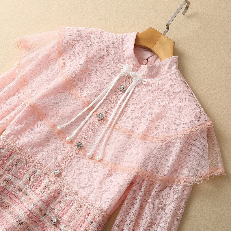 European and American womens clothes spring pink Long sleeve flared sleeve lace stitching tweed Fashion Dress XXL 240824