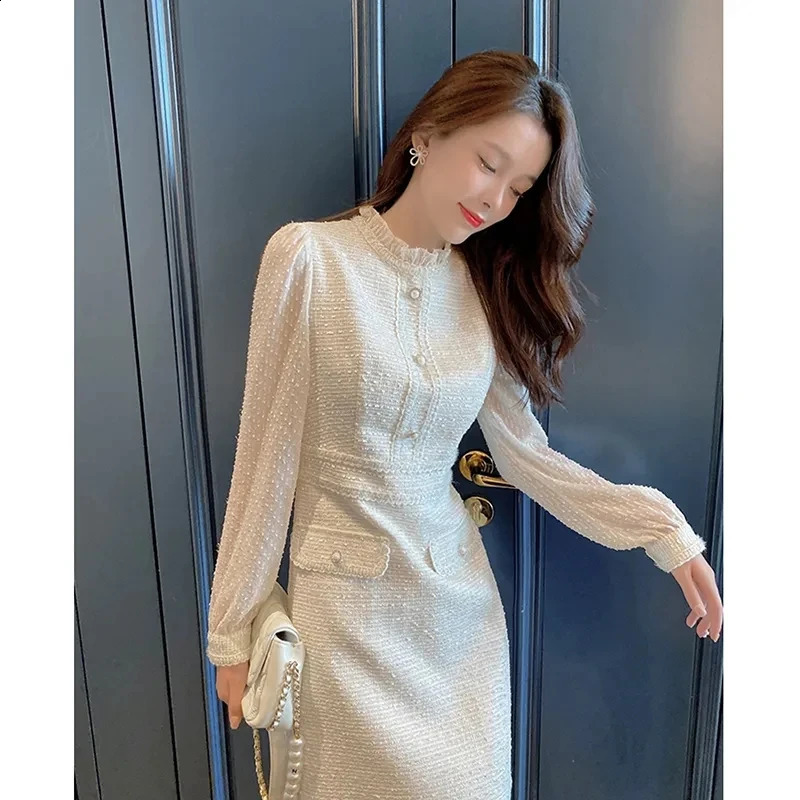 Sweet Spring Korean Elegant Long Party Fairy Women Tweed Boho Beach Vacation Dress Robe Femme 240824