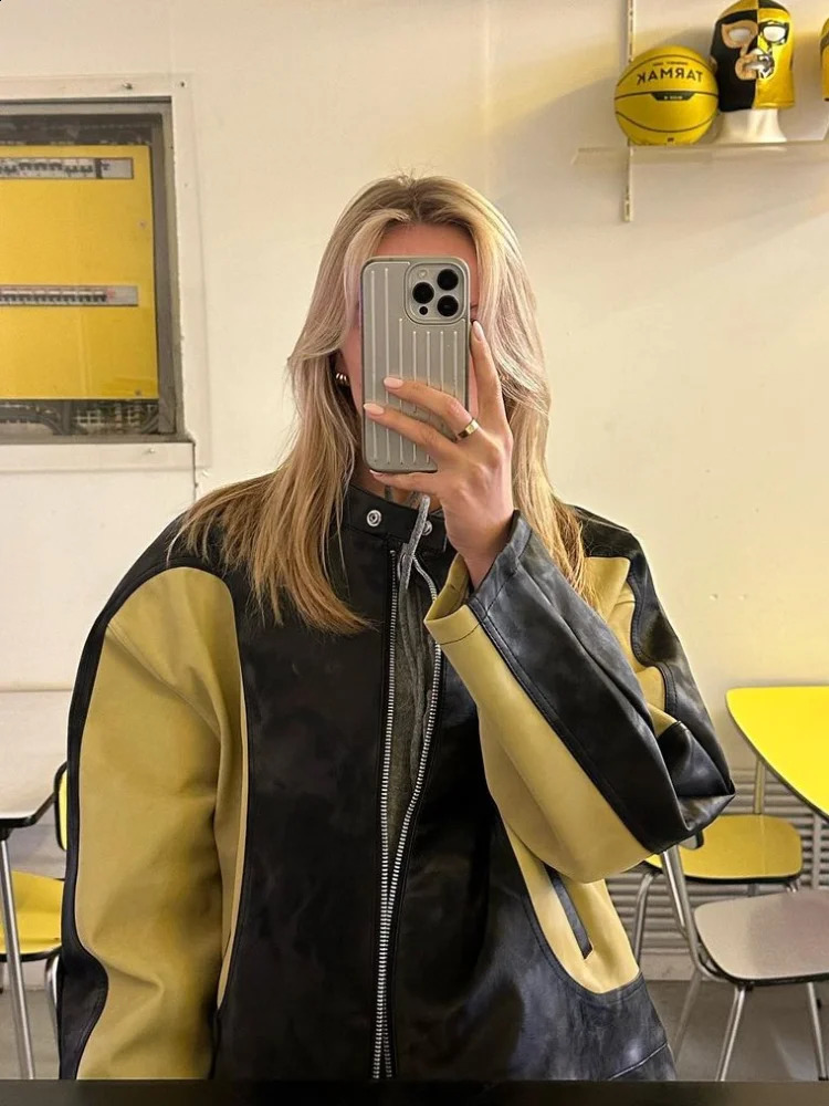 Pu Color Blocked Pocket Button Womens Leather Jacket Casual Long Sleeved Zipper Retro Coats Ladies Fashion Motorcycle Jackets 240823