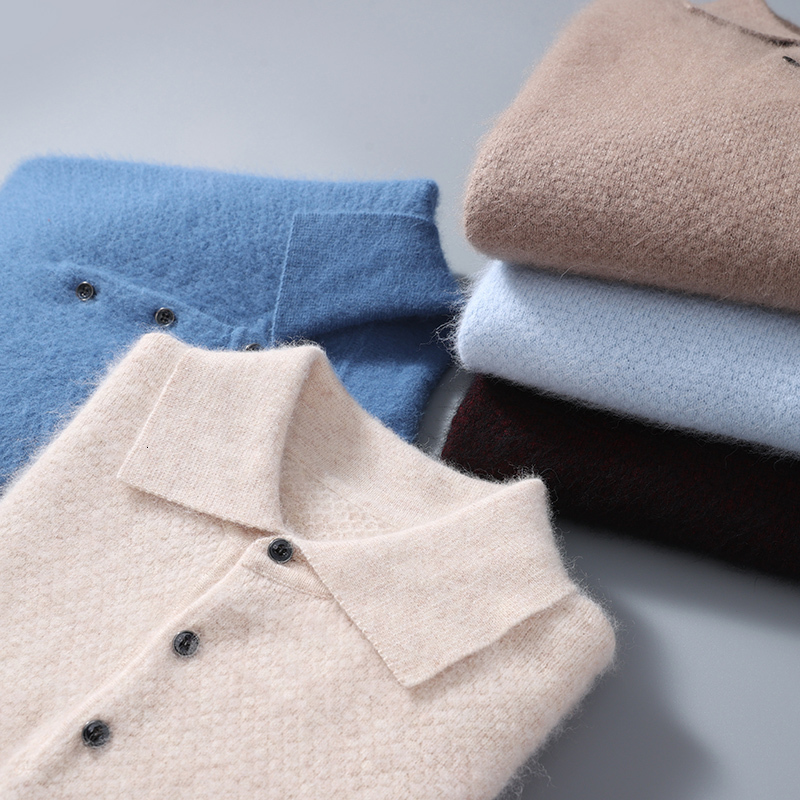 Autumn and winter mens mink cashmere collar solid color wool knitted long sleeved sweater business w240824