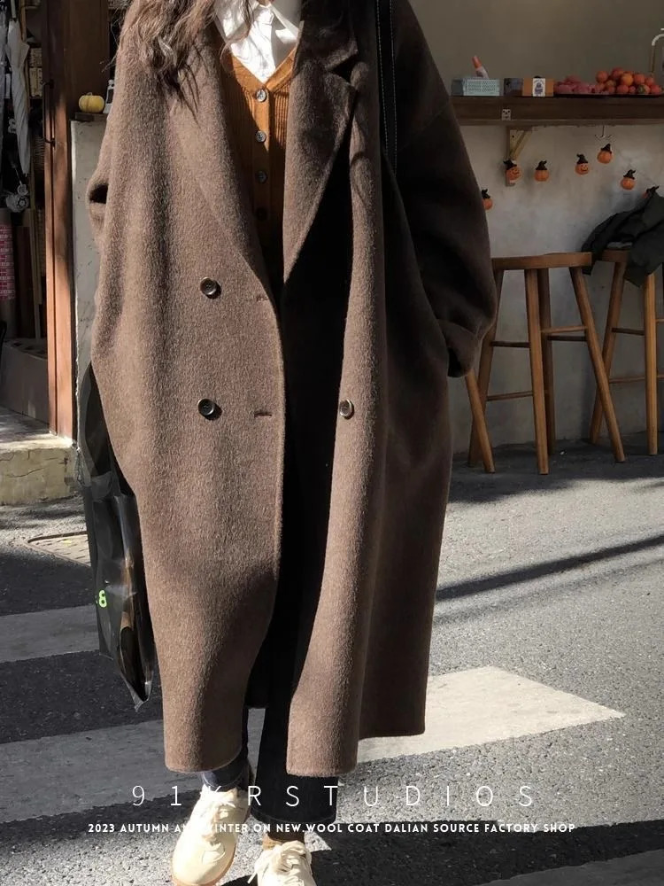 Korea Woolen Long Jackets Coats Tops Winter Laper Double Breasted Abrigos Casual Chaquetas Overcoat Classic Women Warm Casacos 240823