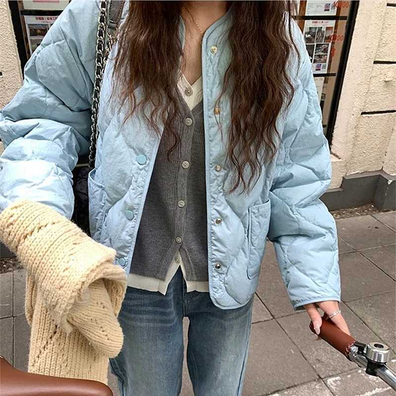 Women's Down Parkas Sky Blue Quilted Padded Cotton Parkas Coat Autumn Winter Solid Jacket Loose Casual dents Swt Girls Outerwear Korean Fashion Y