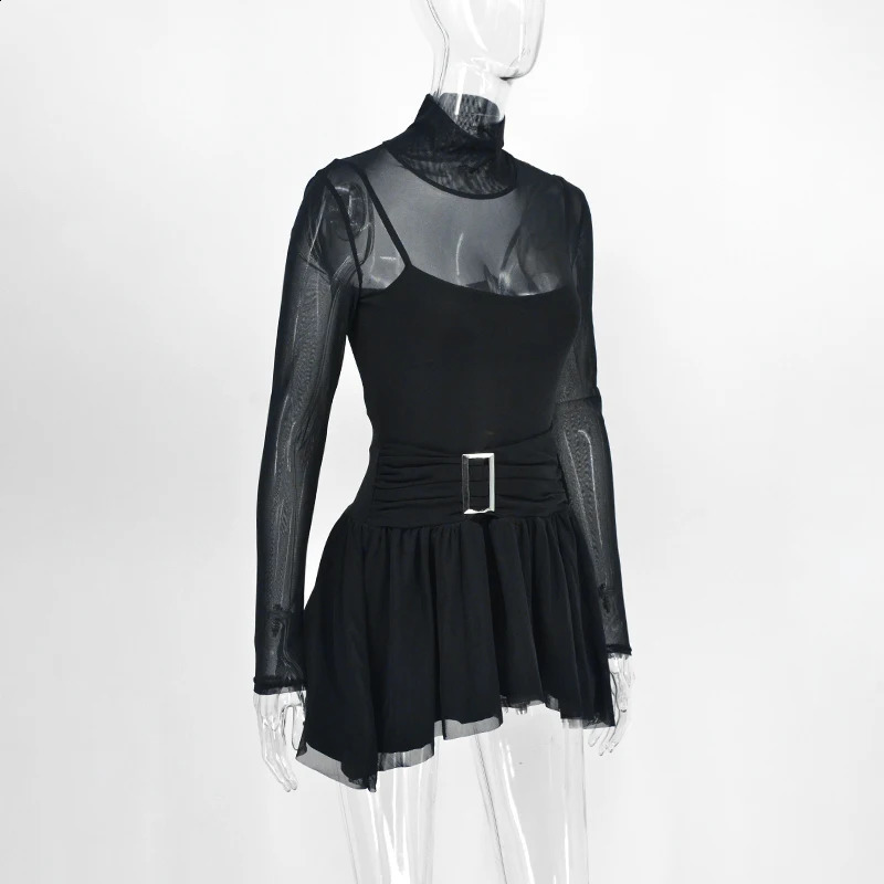 Mini Dress Women Spring Solid Turtleneck Fashion Long Sleeves Casual Slim Dress Sexy See Through Mesh Female A-LINE Dresses 240823