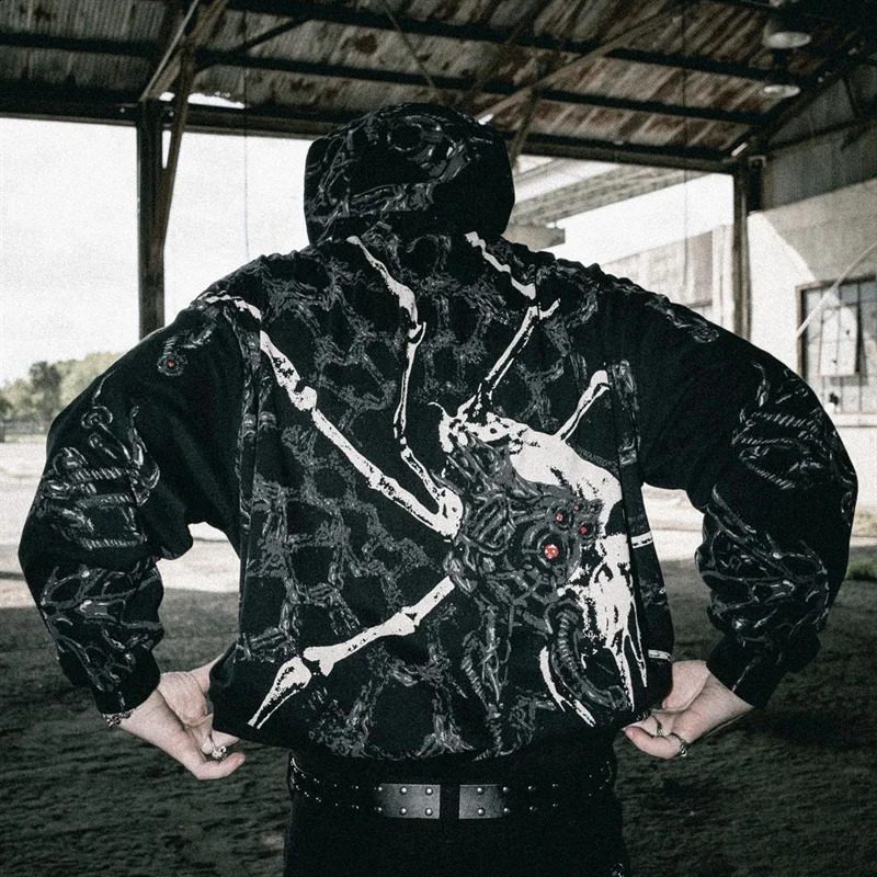 Y2k Womens Clothing Hoodies Sweatshirt Pullover Long Sleeved Tops Vintage Street Oversized Dark Skull Print Pattern Cool 240814