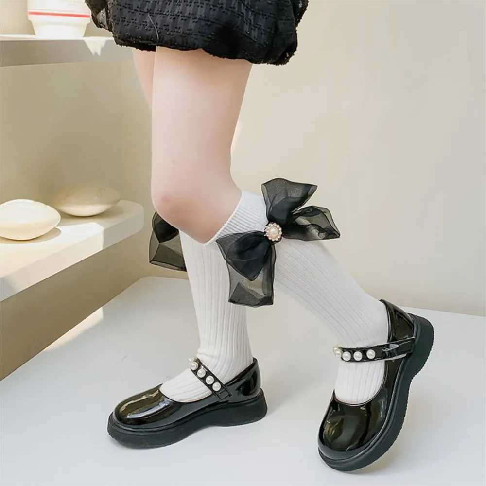 Girls socks pearl big bowknot sweet princess calf sock kids baby combed cotton sokken toddler infant knee high stocking CL240824