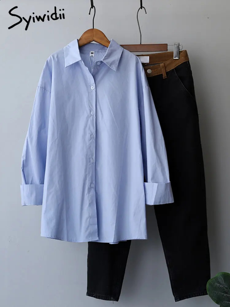 Syiwidii Shirt Women Long Sleeve Blouse Cotton 100% Casual Blue White Turn Down Collar Button Up Shirts Oversized Tops 240823
